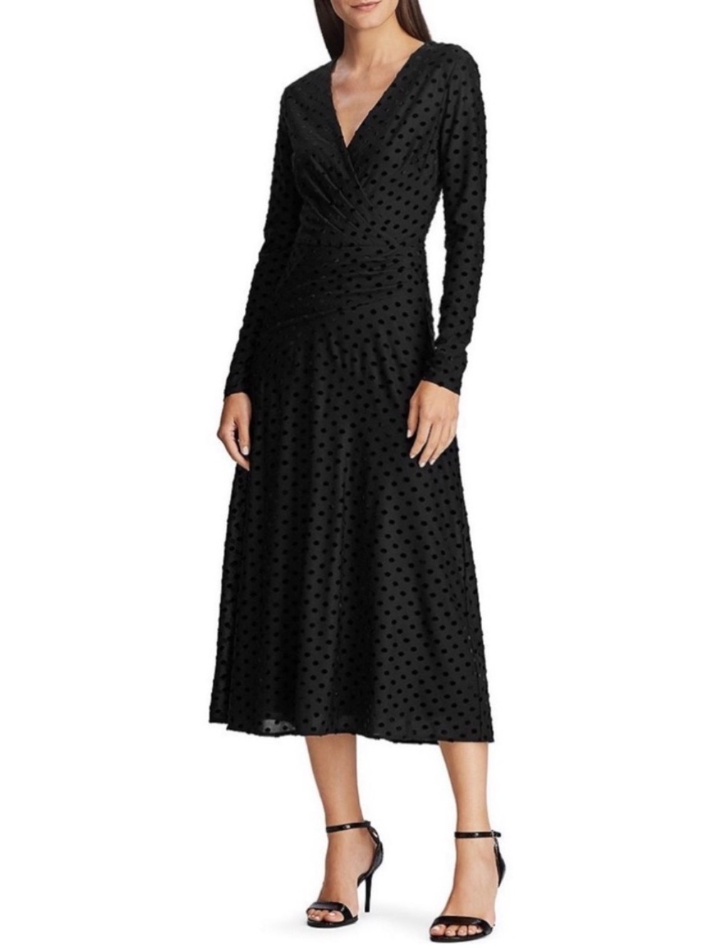 Ralph Lauren Black Textured Dot V-Neck Long-Sleeve Midi Dress